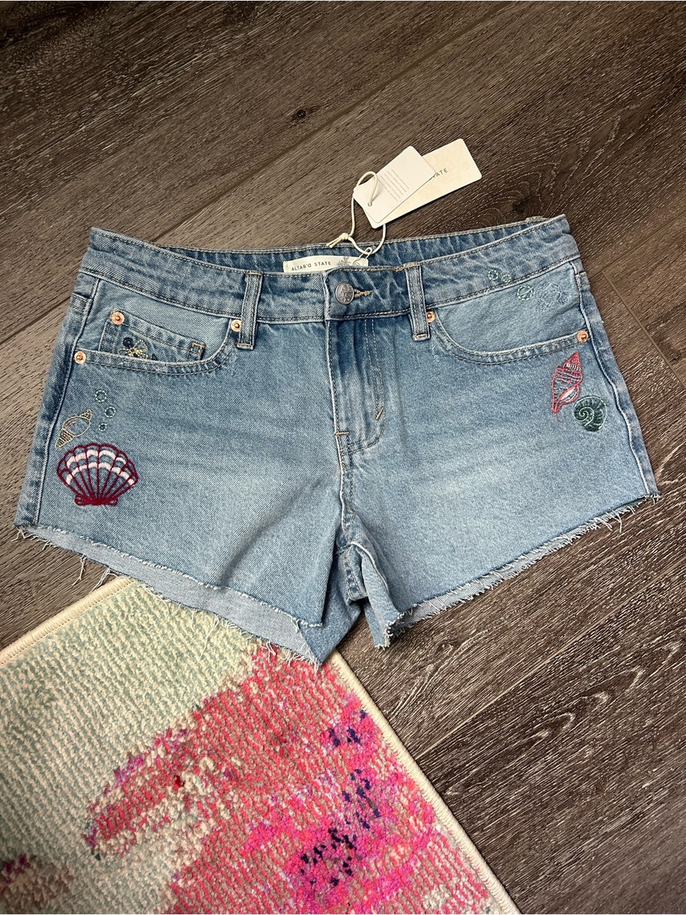 Altar’d State Beach Theme Embroidered Denim Shorts